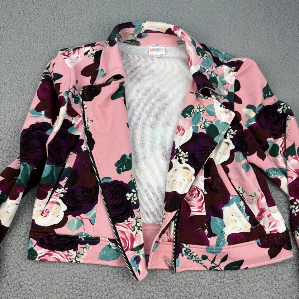 LuLaRoe Jacket Womens Large Pink Floral Moto Biker Zippered Cotton Lightweight - Image 3 of 4