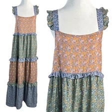 Lucca Bohemian Patchwork Prairie Paisley Tiered Ruffle Maxi Dress Sundress Small