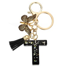 Initial Letter Keychains, Resin Cute Pendant with Butterfly  Tassel, Black-T