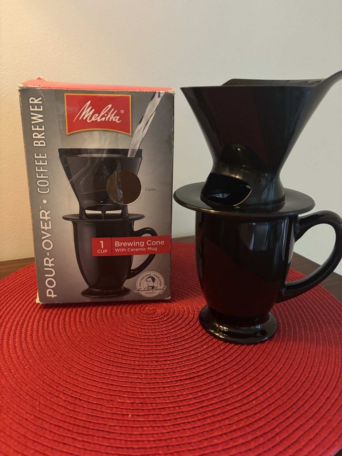 Melitta Pour-Over Coffee Brewer Cone with Ceramic Mug 1 cup Black