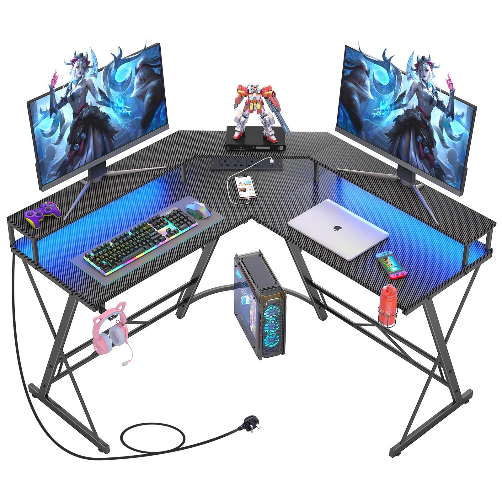 Yornoli Gaming Desk with Power Outlets 110cm Computer Desk with Cup Holder Black Gaming Table with Headphone Hook for Home and Office 11 Gaming Desk with Led Lights?Power Outlet L Shaped Computer Corner Desk with Cup