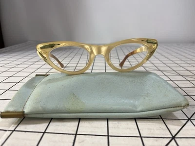 Vintage 1950s Pearlescent Cat Eye Glasses Frame Green Etched Rhinestone Gold Mod - Image 1 of 4