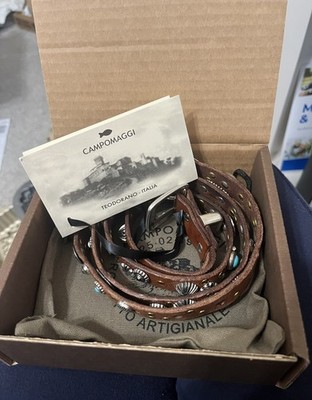 RARE NWT Box Campomaggi Borchie Cognac Belt Turquoise Gemstone Silver Gold Studs