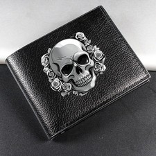 Men's Gothic Skull Floral Print Short Wallet   PU Leather Bifold Card Holder