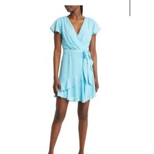 NWOT Chelsea28 Flutter Sleeve Faux Wrap Mini Dress in Blue Cabana Small