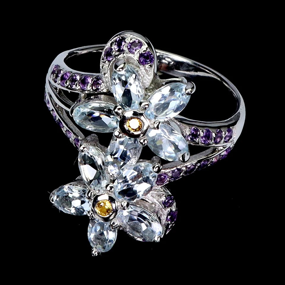 925 Sterling Silver Ring Oval Aquamarine Amethyst Gemstone Jewelry Size 8.5 - Image 3 of 4