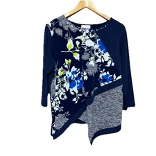 Alfred Dunner Top Women's Size L Blue Floral Knit Rhinestone Asymmetrical Blouse