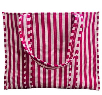 100% Cotton Pink Striped Hand Block Printed Cotton Quilted Shoulder Tote Bag