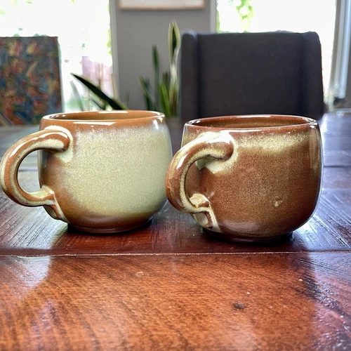 Set Of 2 Vintage Frankoma 4C Prairie Green 3" Mugs Coffee Cups 8 oz