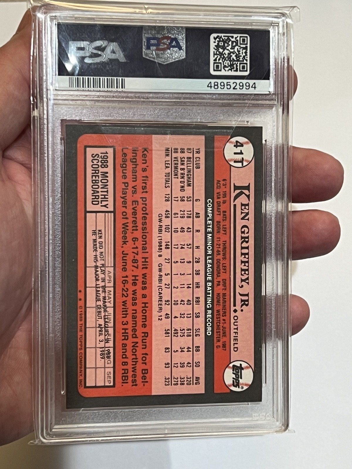 1989 Topps Traded Ken Griffey Jr. #41T Tiffany Rookie Seattle Mariners PSA 8 view 2
