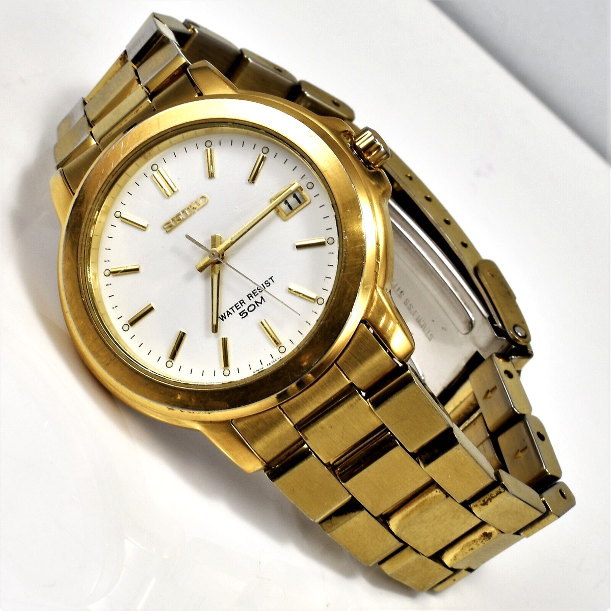 90's Retro SEIKO Quartz Men Watch Date Gold Tone 50M WR New