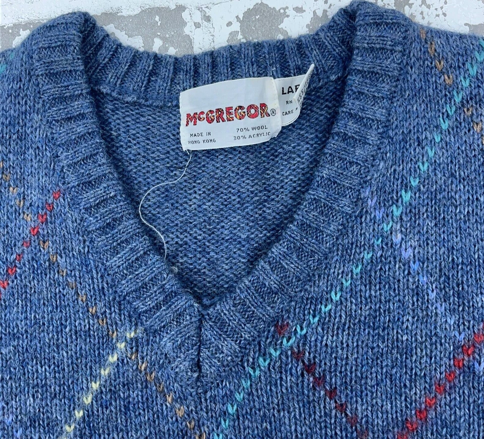Chaleco Suéter McGregor Vintage Hombres Grande Azul Mezcla Lana Cuello en V Abuelo Años 90 Foto 2 de 4