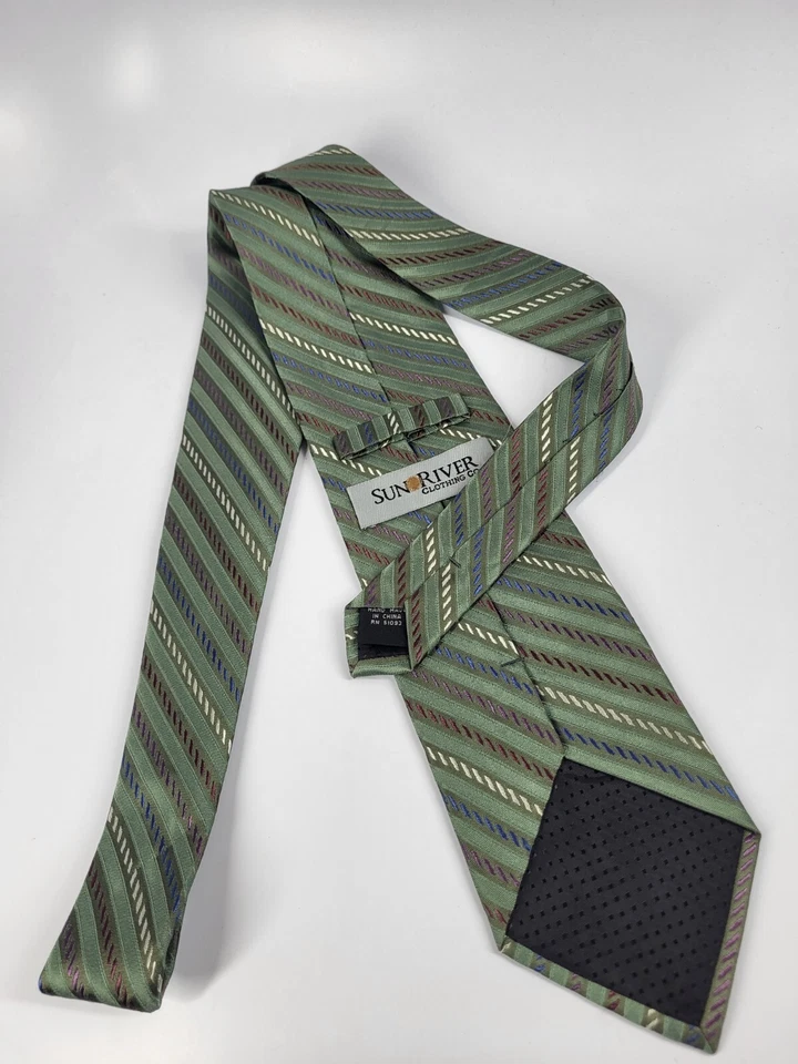 Sun River Silk Tie Green Blue Beige Stripes Men Necktie 58 x 3.5 - Image 4 of 4