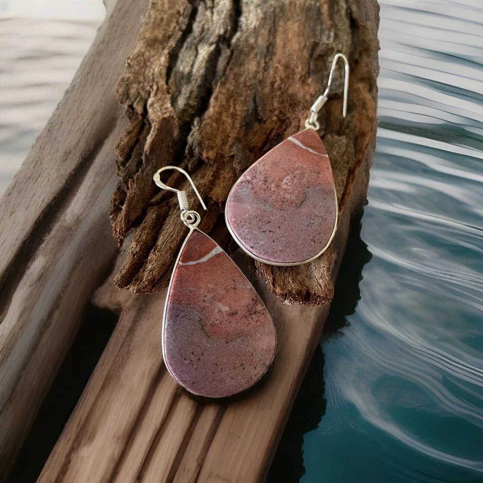 Bloodstone Handcrafted Teardrop Gemstone Earrings-silver Plated-New — 第 2/3 张图片