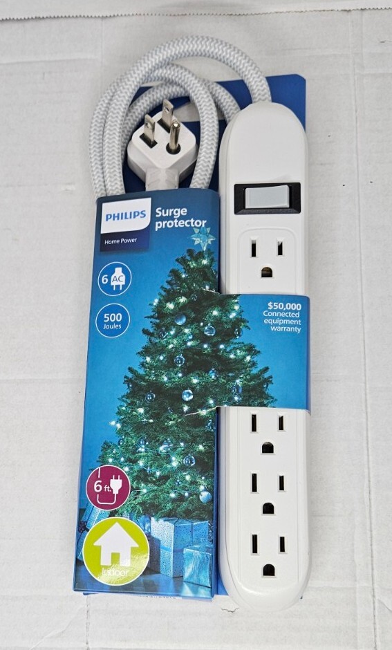 Phillips 6 Foot 6 Outlet Power Strip Braided Cord Gray/White