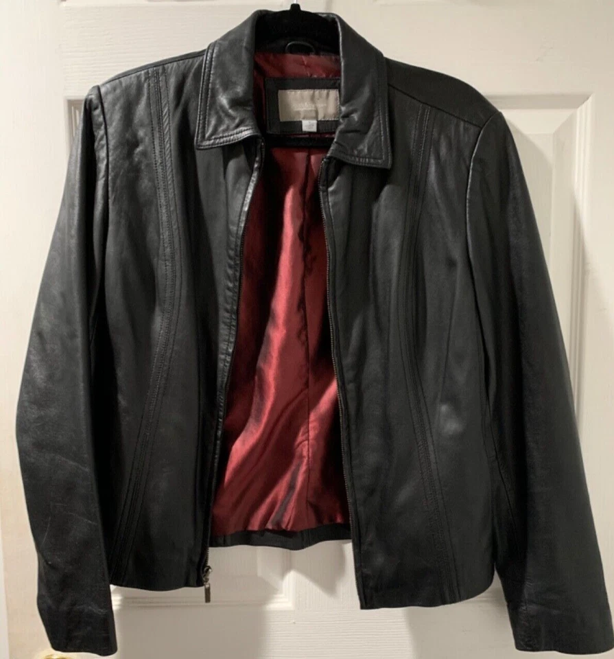 Chaqueta clásica Croft & Barrow de cuero de cordero negra con cremallera para mujer S pequeño defecto Foto 3 de 4