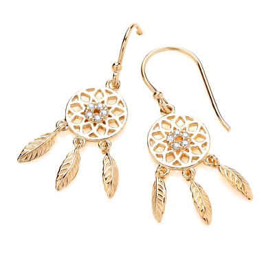 Yellow Gold on Silver Simulated Diamond Dream Catcher Hook Drop Dangle Earrings