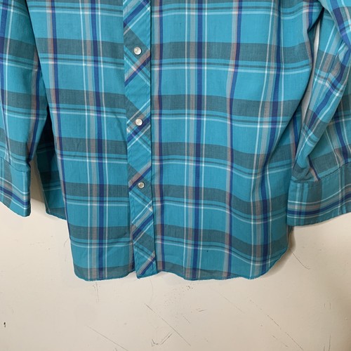 Wrangler Men’s VTG Western shirt (L) 16-16 1/2 Pearl Snap turquoise blue plaid - Picture 8 of 11