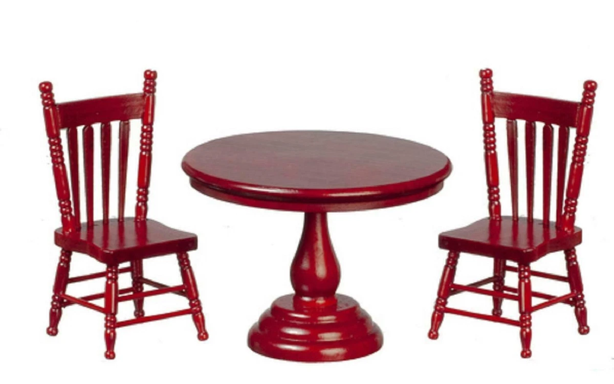 Dolls House Mahogany Round Table 2 Chairs Miniature Dining Room Furniture Set