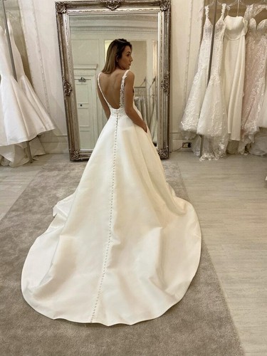Satin Wedding Dresses A Line Spaghetti Straps Deep V Neck Backless Bridal Gowns - Picture 3 of 9