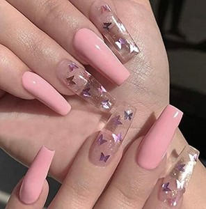 Coffin Glossy Press On Nails Butterfly False Nails Pink Long Fake Nails Ebay