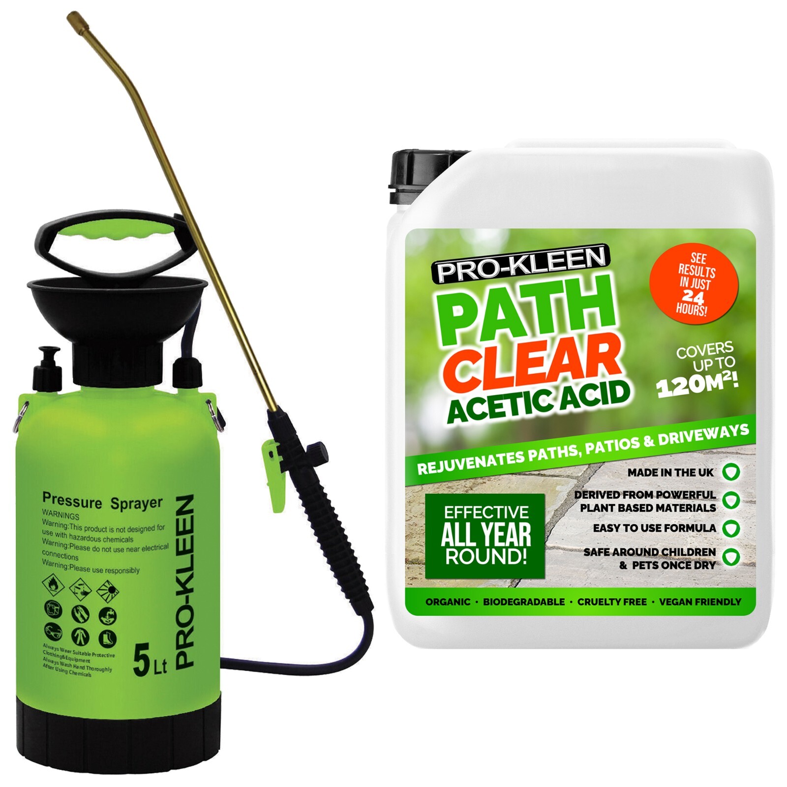 ProKleen Path Clear Acetic Acid Covers up To 120m2 Patios 5L & 5L Pump Sprayer