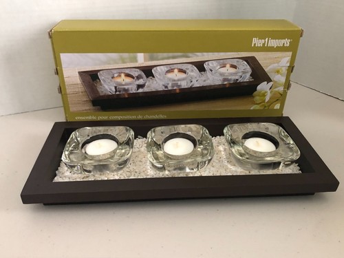 Pier 1 "Candlescape Set" w/3 tealight candles glass holders white rocks wood box
