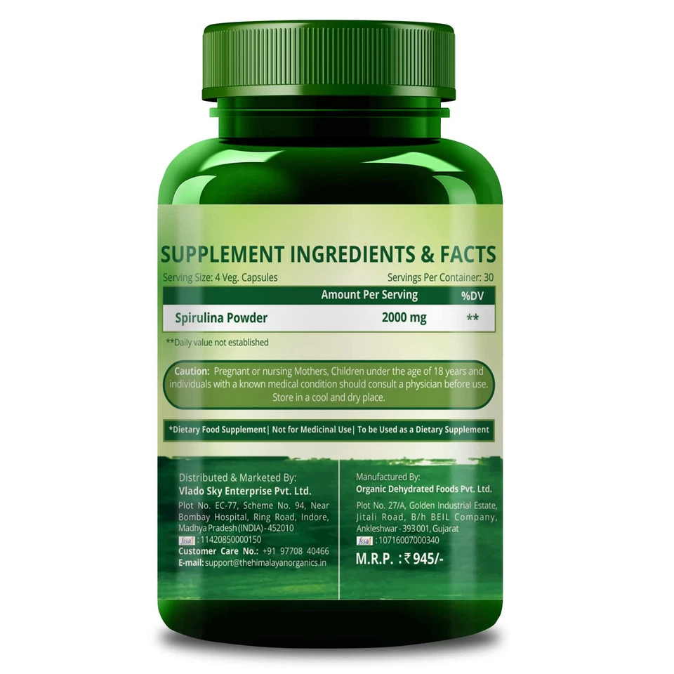 Himalayan Organics Spirulina 2000 mg Suplemento 120 Cápsulas Vegetarianas FS Foto 3 de 4