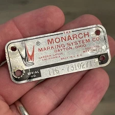 Monarch Marking System Co. EMBOSSED METAL NAMEPLATE Tag Sign EQUIPMENT MACHINERY