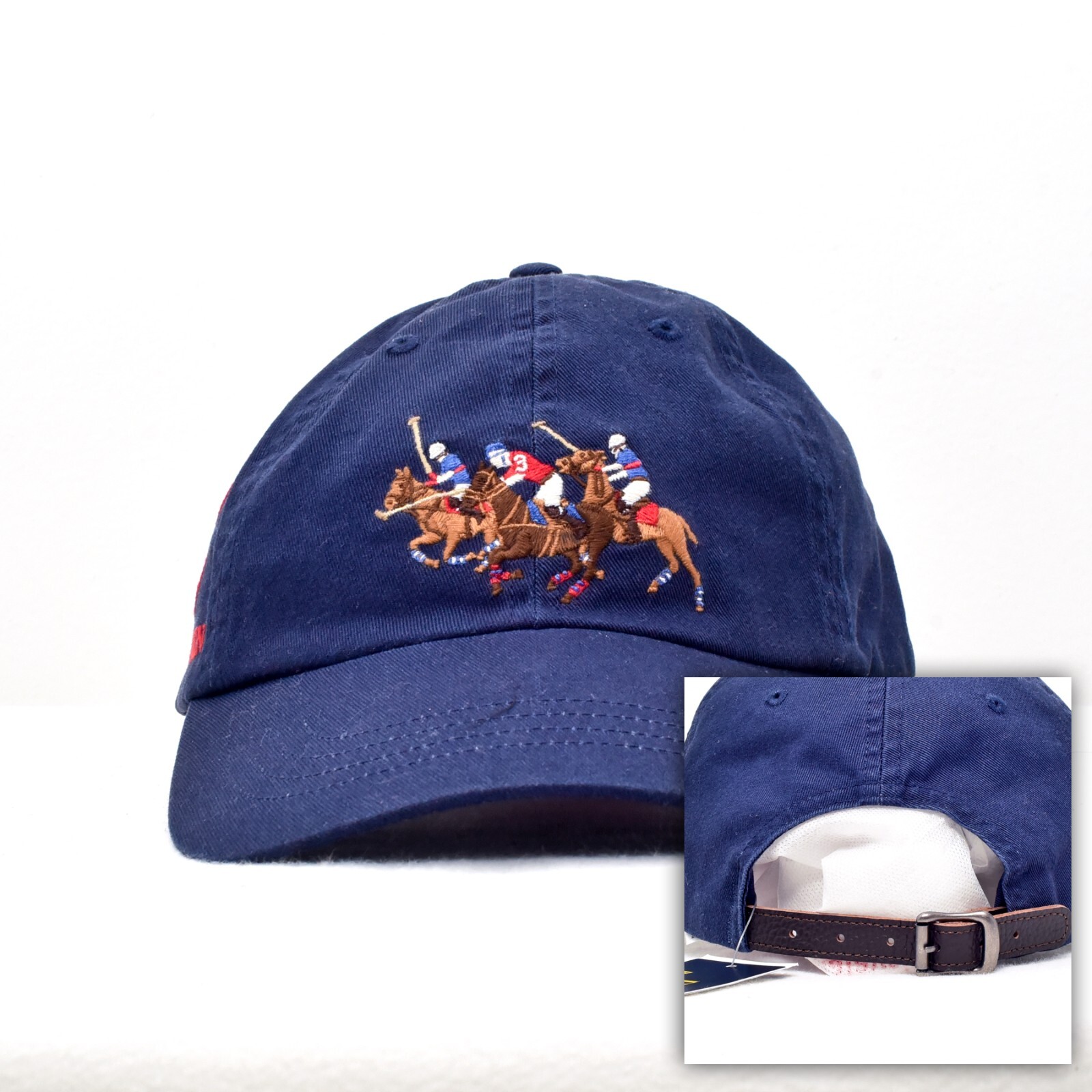 Cappello Polo Ralph Lauren Stampede Regolabile Cinturino Pelle Schienale 3 Pony Navy