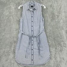 Ann Taylor Dress Womens 2 Petite Button Down Striped Pockets Belted Mini Blue
