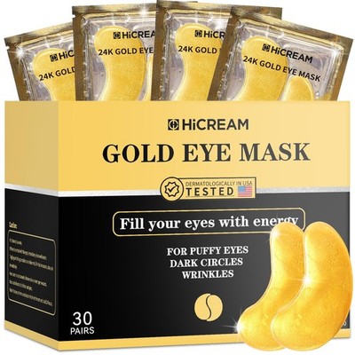 Hicream 24k Gold Under Eye Patches - 30 pair 30 Count (Pack of 1), gold 