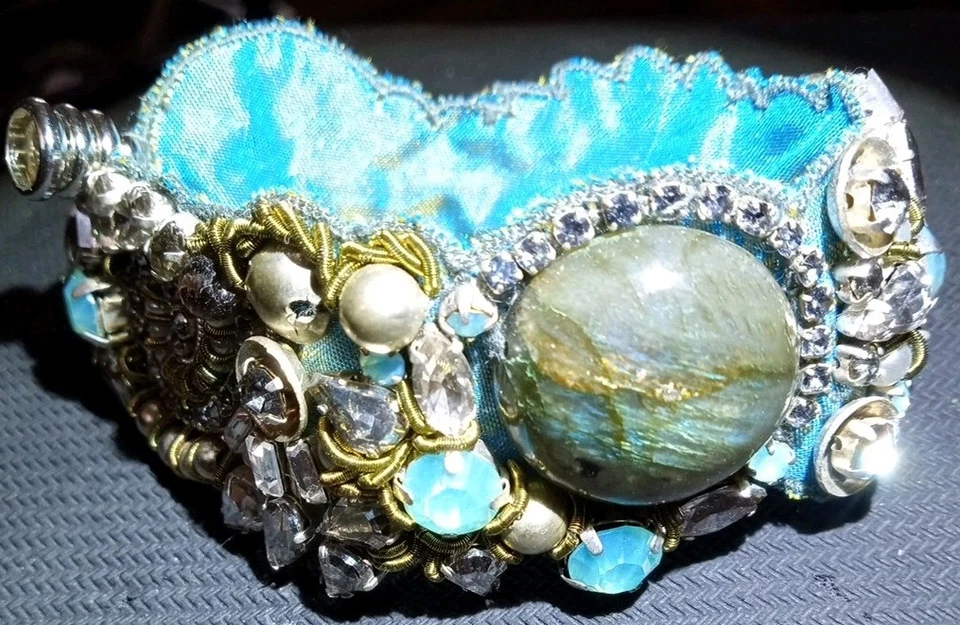 silk labradorite Hand embroidered Embellished shibari Magnet Bracelet Boho India - Image 3 of 4