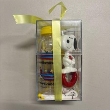 Vintage 1980s Snoopy Woodstock Peanuts Baby Gift Set Bottles Rattle Brush Spoon