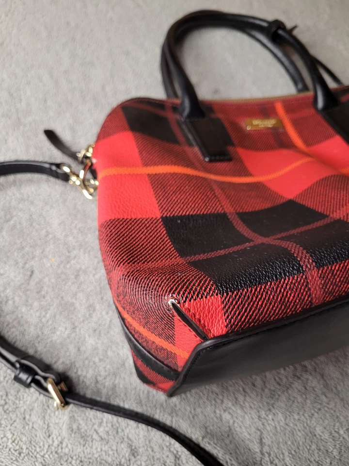 Kate Spade Red Black Plaid Medium Satchel Leather Handbag Purse Crossbody - Image 3 of 4