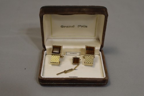Vintage Grand Prix Tiger's Eye Cufflinks Tie Tack Set Mens Gold Tone W/ Box