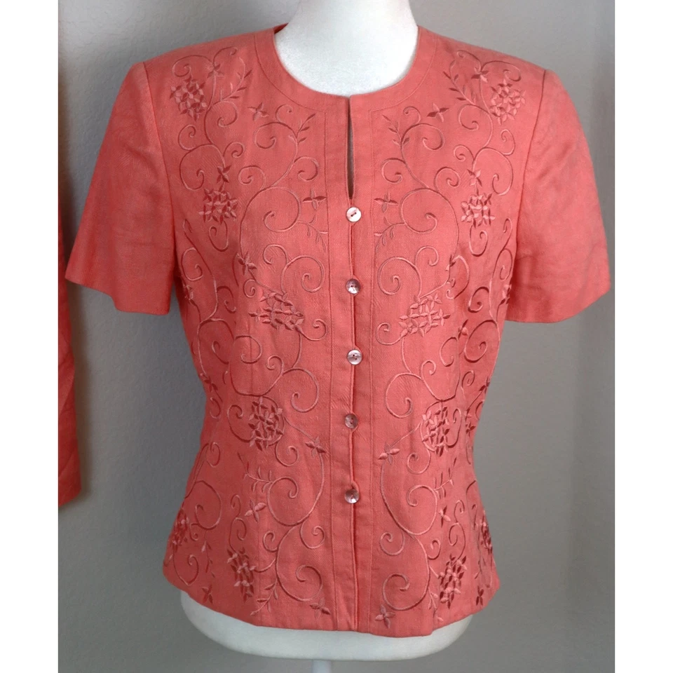 Vintage Y2K Coral Pink LINEN COTTON Midi Skirt Suit Embroidered Flowers Set 8 - Image 2 of 4