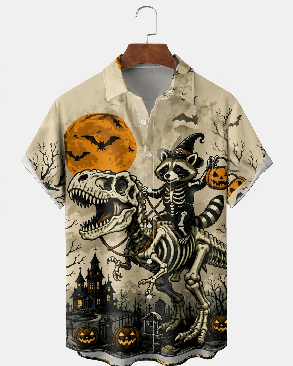 Halloween Hawaiian Shirt Skeleton Dinosaur Raccoon Riding Spooky Beach Aloha Top