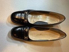 Salvatore Ferragamo Croc Embossed Leather Wedge Pumps, Size 7 1/2 Black