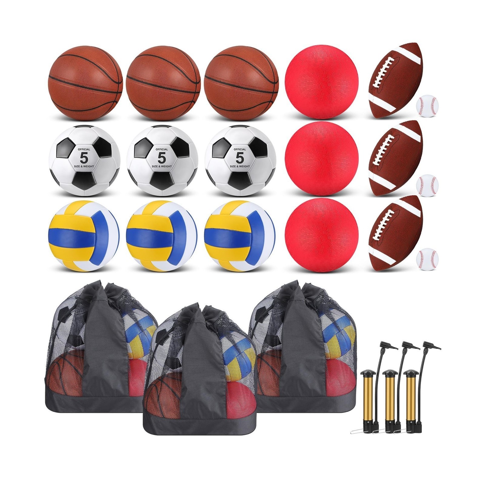 Leyndo 18 Pcs Sport Balls Bulk Set Basketball Football Volleyball Soccer Play...