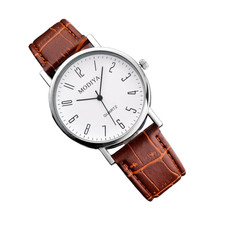 Basic Easy To Read Quartz Watch Cheap Brown PU Leather Strap White  Clear Face
