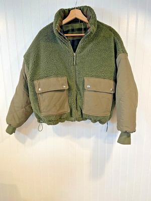 American Eagle Bomber Jacket Women's XS Oversized Sherpa Reversible Flannel