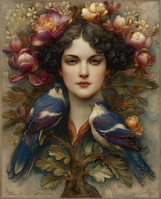 8x10 Cozy Storybook Woman with Birds on Her Head Art Print Heritage - 797137499