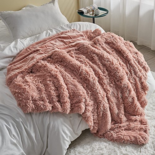 Fuzzy Faux Fur Throw Blanket Pink Super Soft Cozy Plush Fuzzy Shaggy Blanket ... - Picture 3 of 6