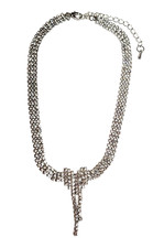 White Glass Rhinestone Necklace Heart Tassel Pendant Choker Art Deco 15" Retro