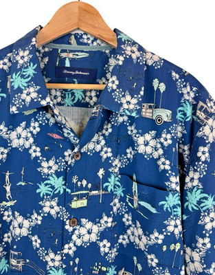 Tommy Bahama Men XXL Hawaiian Shirt Vintage Beach Scenes Retro Surf 100% Silk
