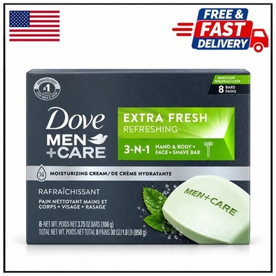 Dove Men+Care 3-in-1 Extra Fresh 8 Bars Body Face & Shave Cleanser 3.75oz New