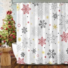Snowflakes Bathroom Shower Curtain, Red Grey Snowy Winter Shower Curtain Set ...