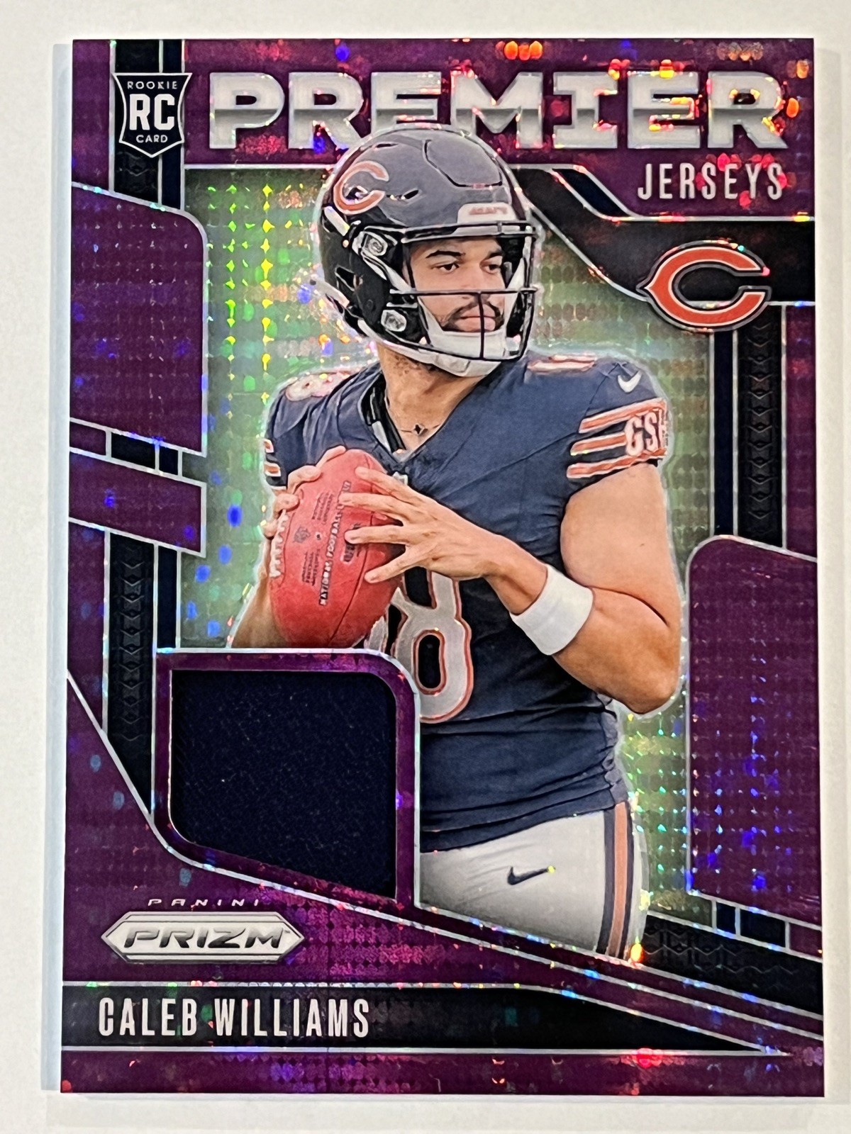 CALEB WILLIAMS 2024 PRIZM PREMIER JERSEYS ROOKIE PATCH PURPLE PULSAR RC