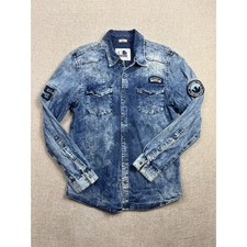 Camisa de mezclilla con botones azul 2527 Americanino Italy para hombre XS ajustada lavado ácido 2527